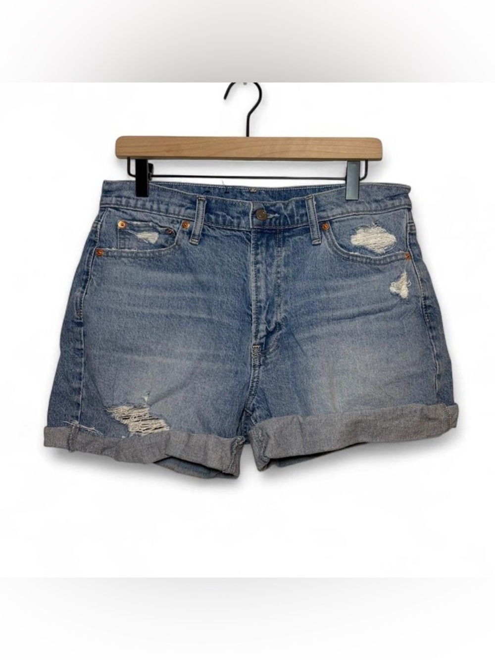 GAP Rolled Hem Distressed Denim Shorts - Light Blue
